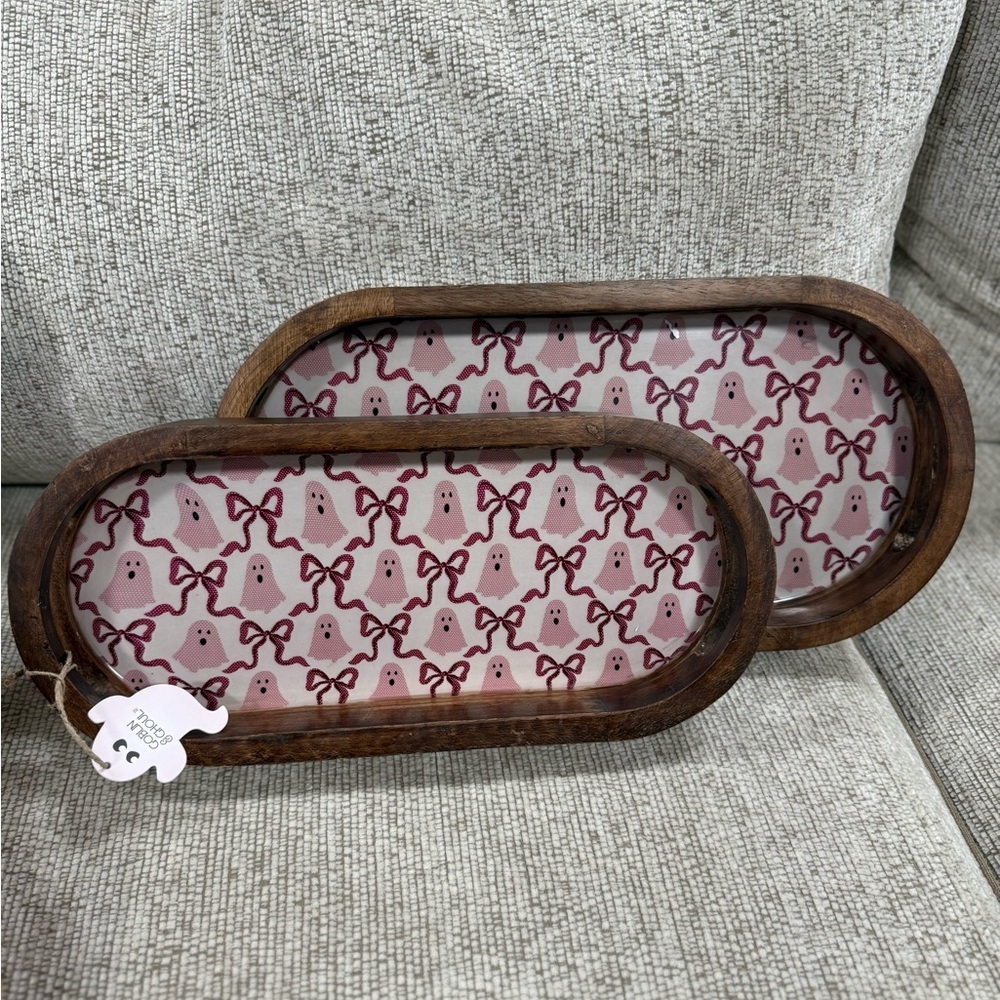 Made in India Wooden HALLOWEEN PINK GHOST & BOWS TRAYS